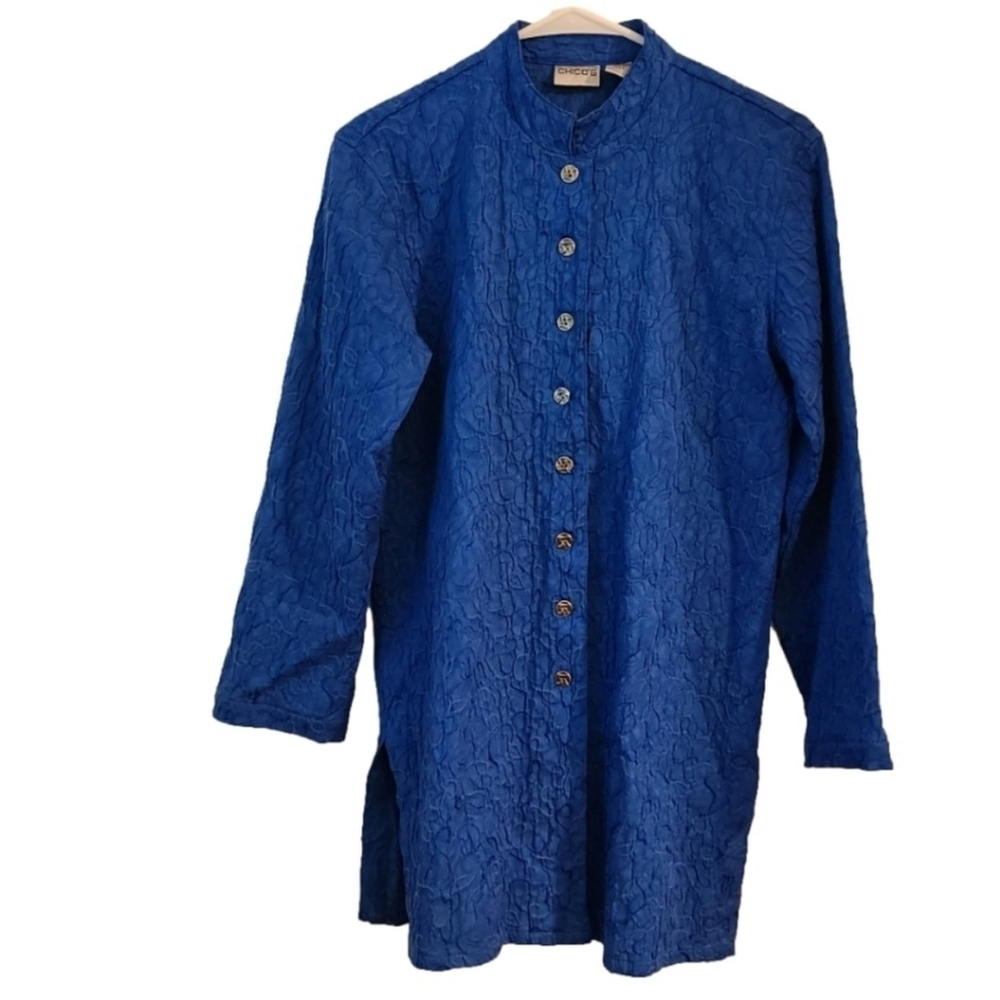 Chicos Blue Textured Mandarin Collar Button Front Tunic Top Women's Size S